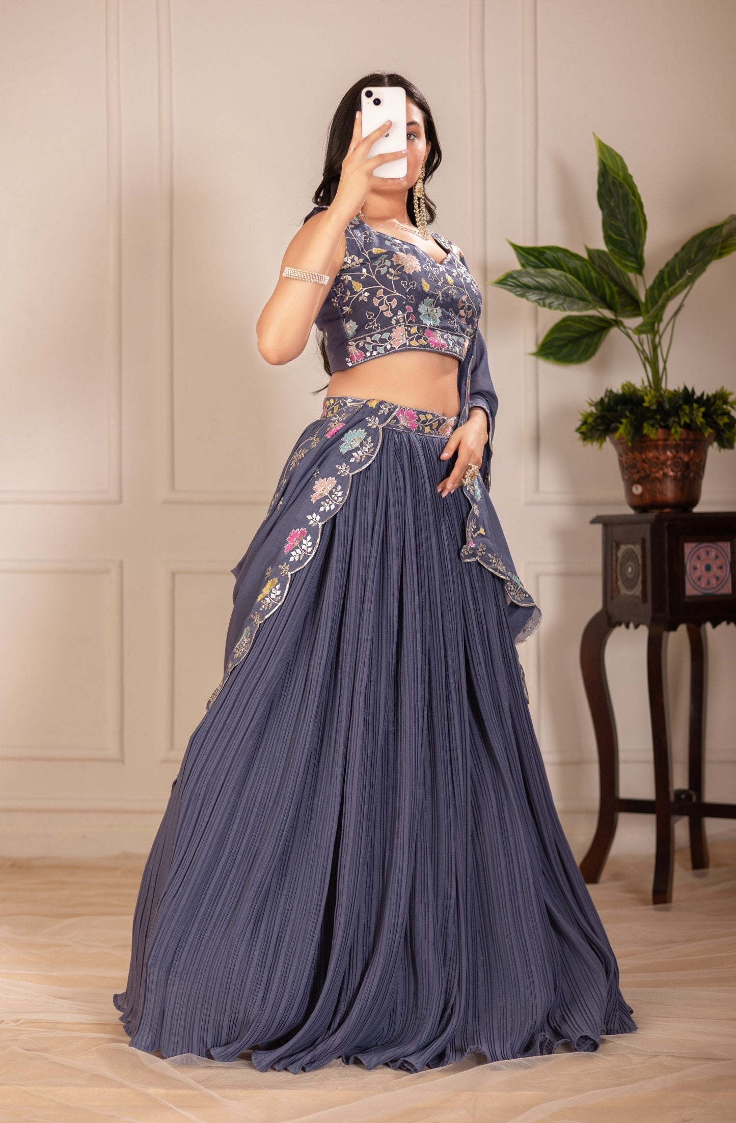 DEIANA'S Heavy Plain with crease work Lehenga Choli - Grey - Swadesiicart
