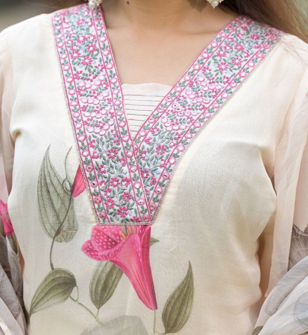 Lorenvalley Black Georgette Printed with Embroidery Work Kurta Set - Swadesiicart