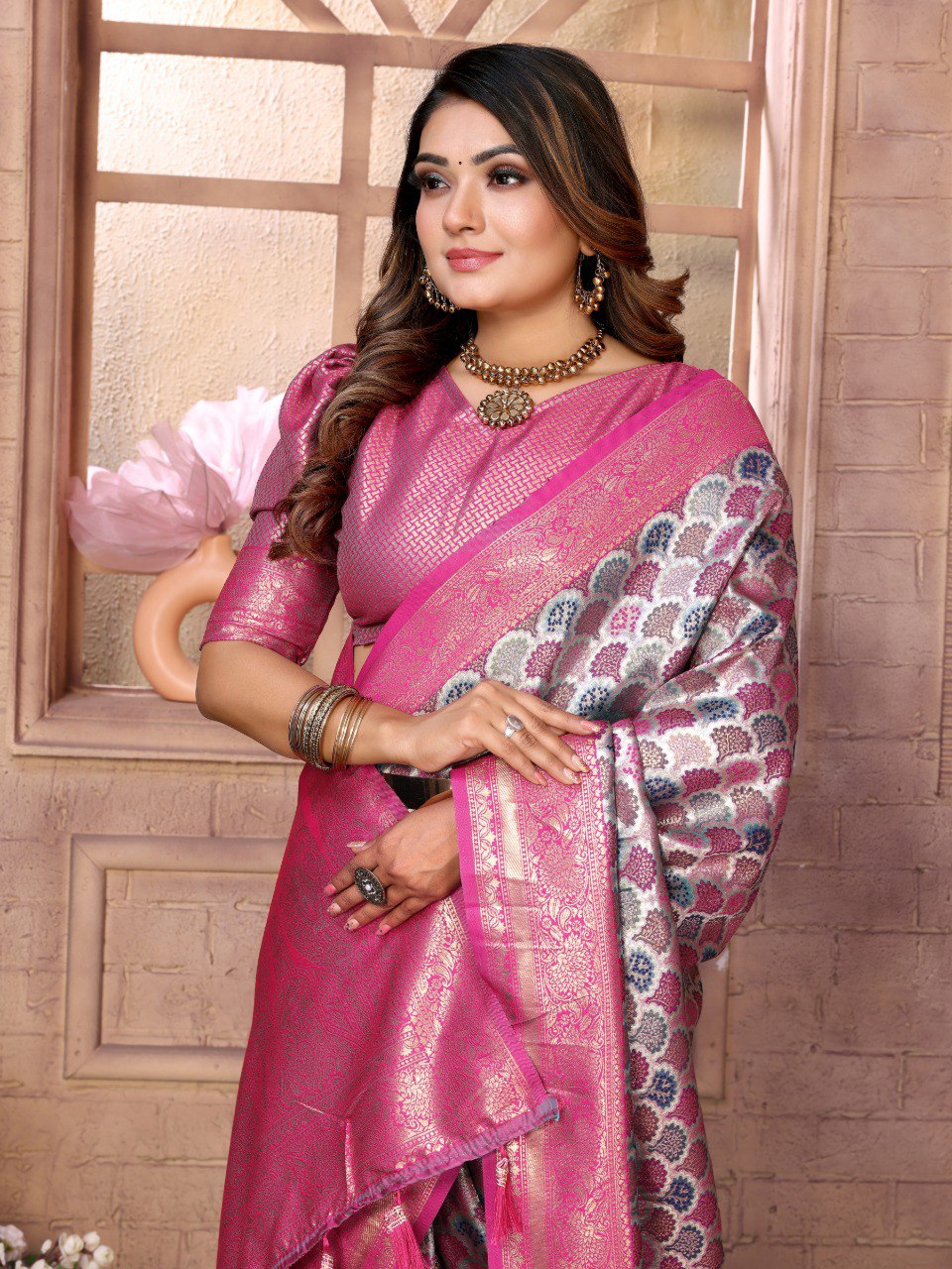 Anaita Rani Pink Banarasi Chaturi Silk With Weaving Saree With Blouse