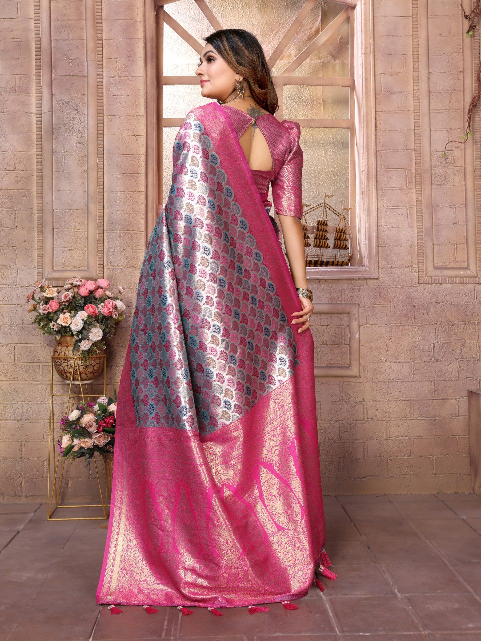 Anaita Rani Pink Banarasi Chaturi Silk With Weaving Saree With Blouse