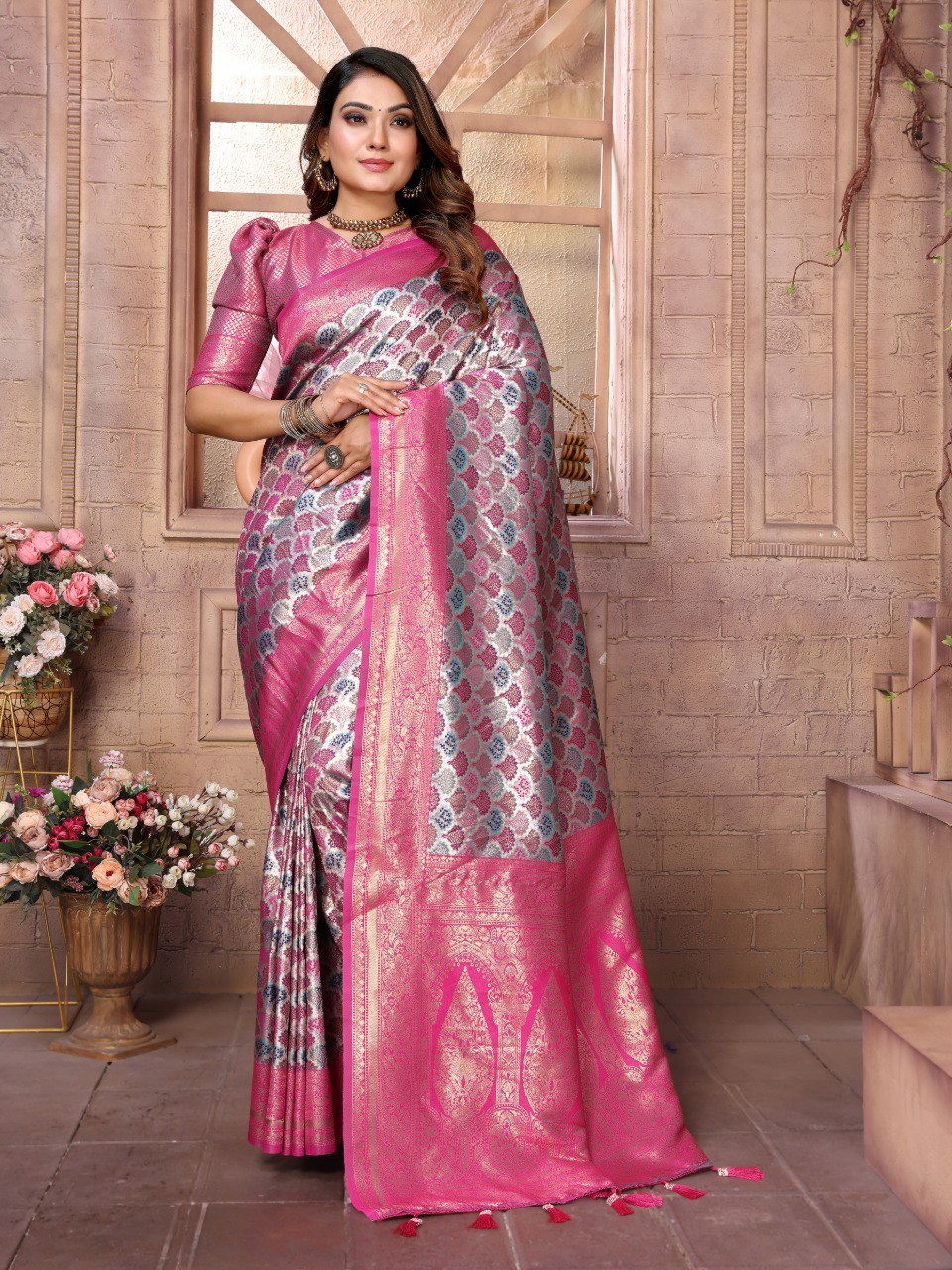 Anaita Rani Pink Banarasi Chaturi Silk With Weaving Saree With Blouse
