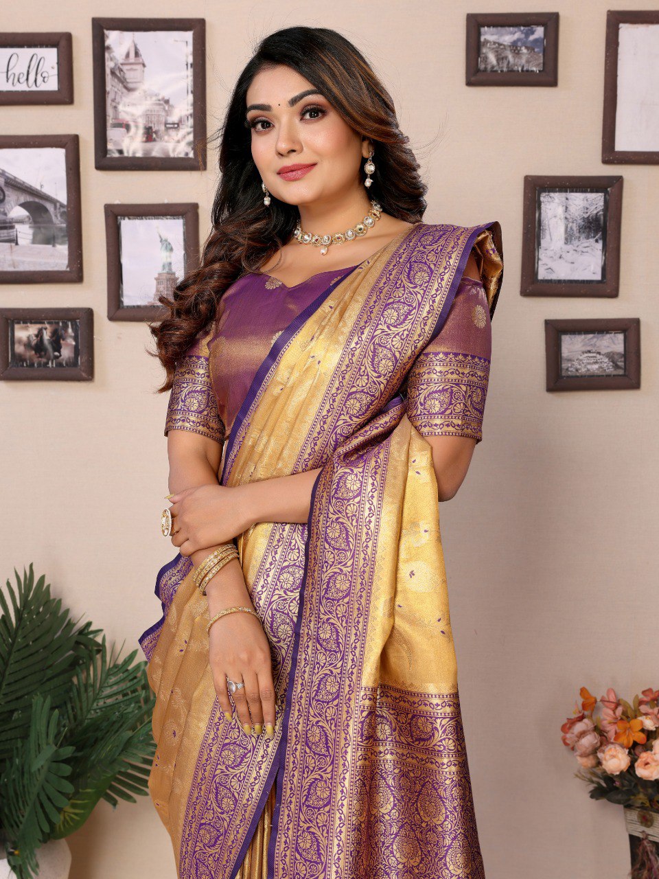 Anaita Cream Tissue Silk With Jaal Weaving Saree With Blouse