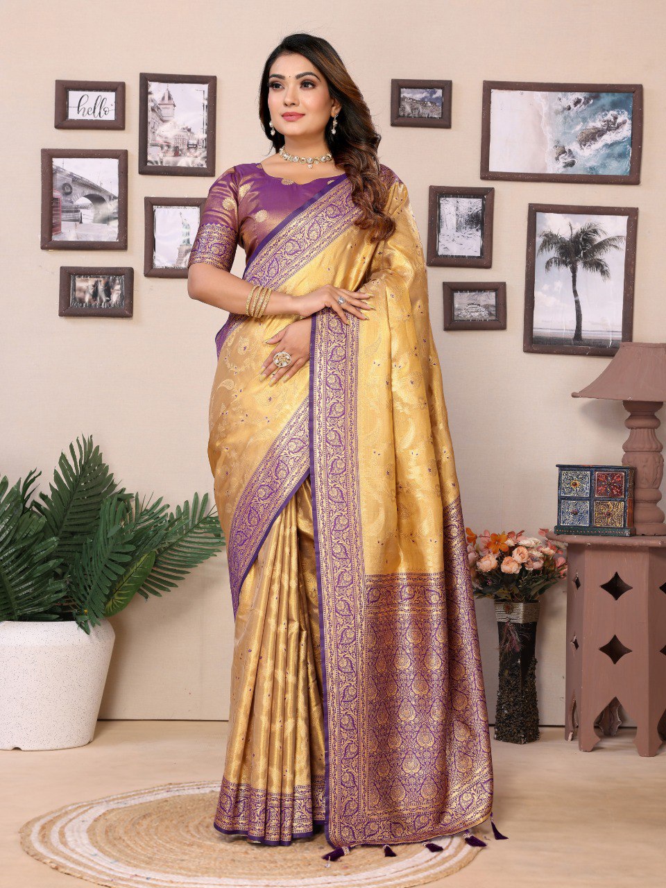 Anaita Cream Tissue Silk With Jaal Weaving Saree With Blouse