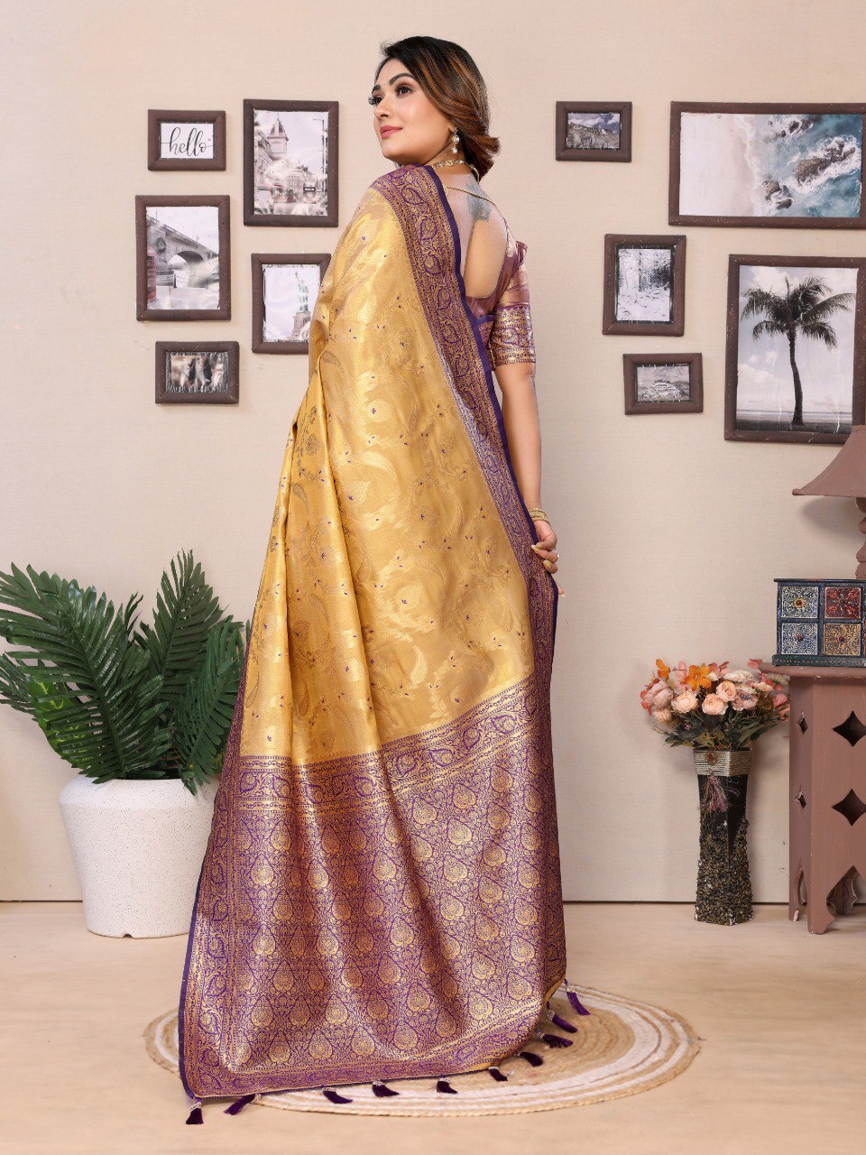 Anaita Cream Tissue Silk With Jaal Weaving Saree With Blouse