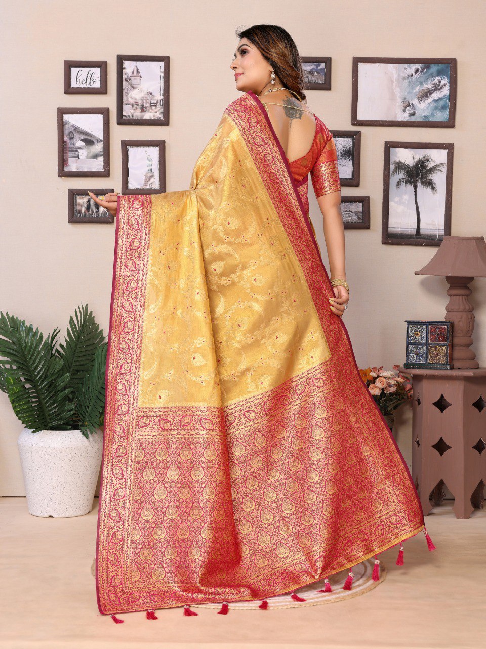 Anaita Golden Tissue Silk With Jaal Weaving Saree With Blouse