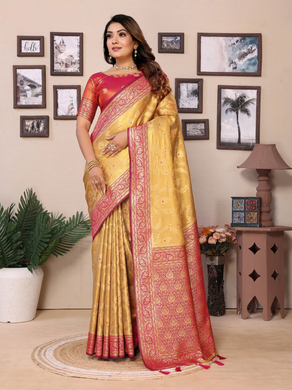 Anaita Golden Tissue Silk With Jaal Weaving Saree With Blouse