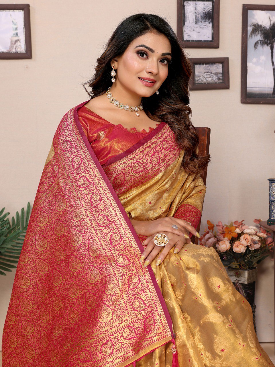 Anaita Golden Tissue Silk With Jaal Weaving Saree With Blouse