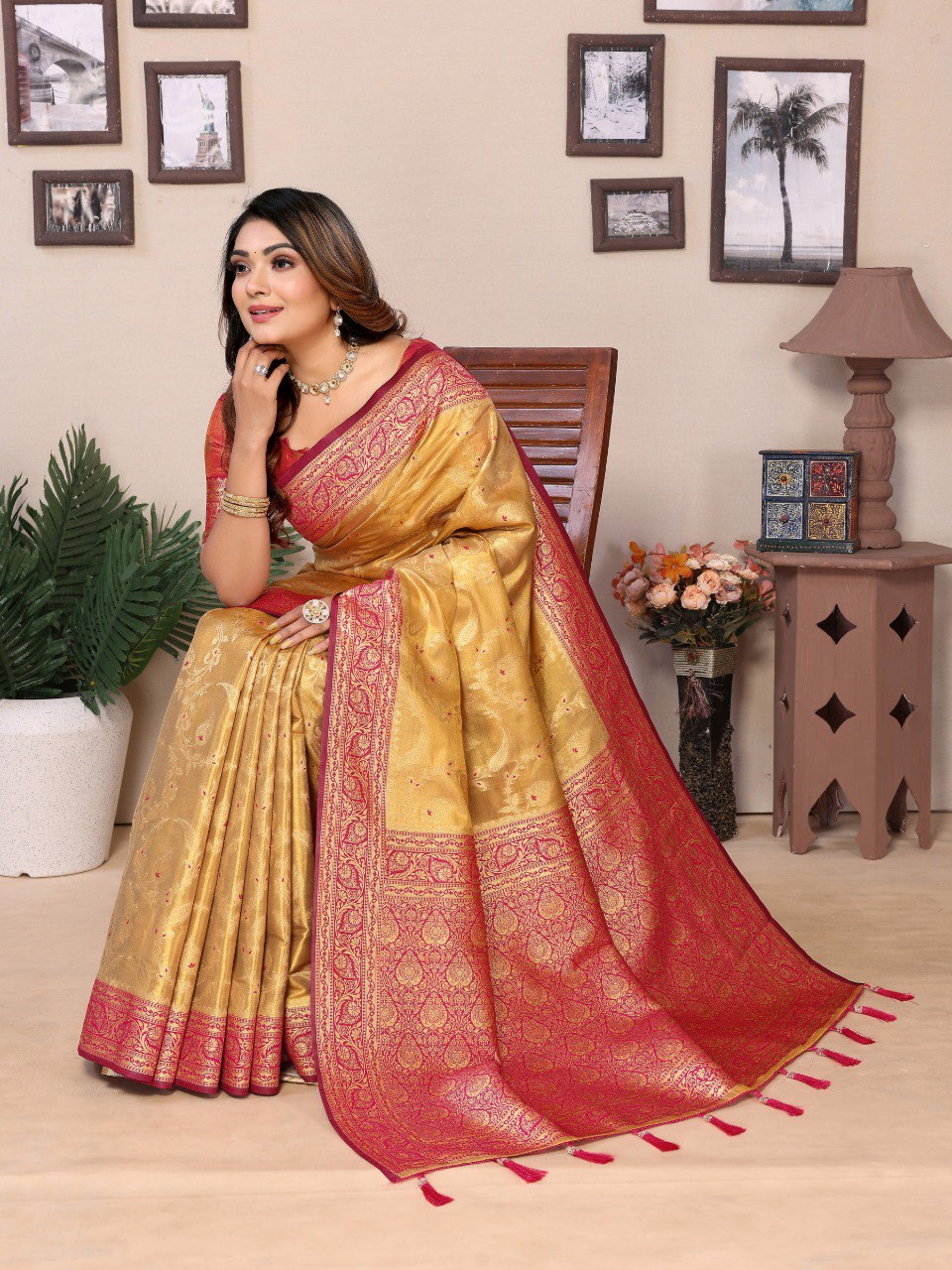 Anaita Golden Tissue Silk With Jaal Weaving Saree With Blouse
