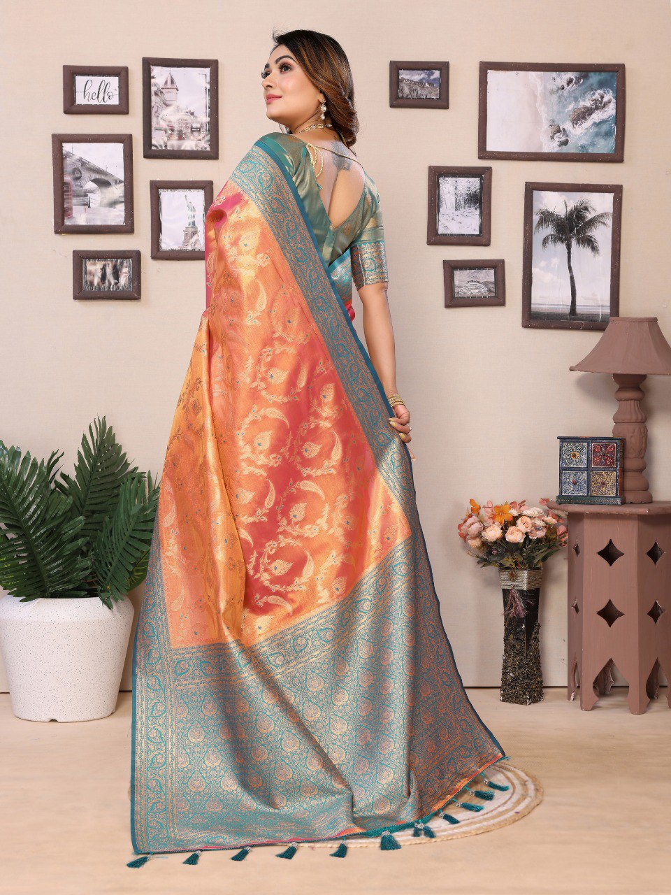 Anaita Orange Tissue Silk With Jaal Weaving Saree With Blouse