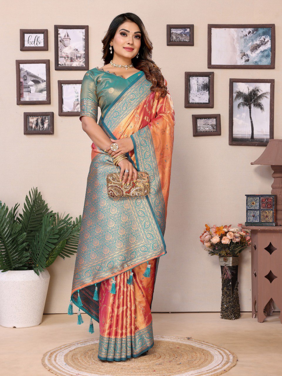 Anaita Orange Tissue Silk With Jaal Weaving Saree With Blouse
