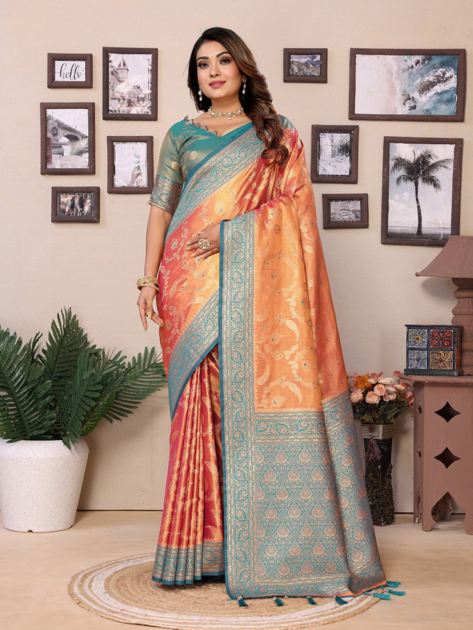 Anaita Orange Tissue Silk With Jaal Weaving Saree With Blouse