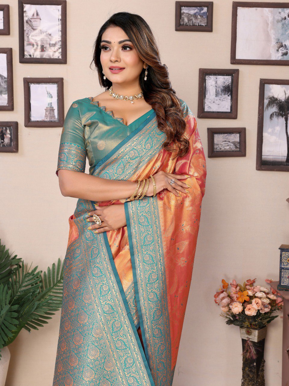 Anaita Orange Tissue Silk With Jaal Weaving Saree With Blouse