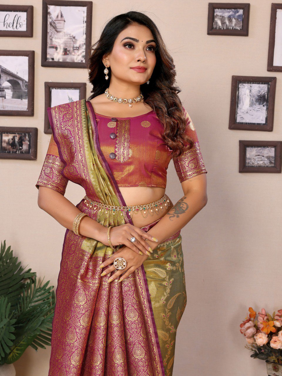 Anaita Green Tissue Silk With Jaal Weaving Saree With Blouse