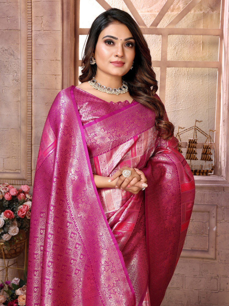Anaita Rani Pink Banarasi Chaturi Silk With Zari Weaving Saree With Blouse