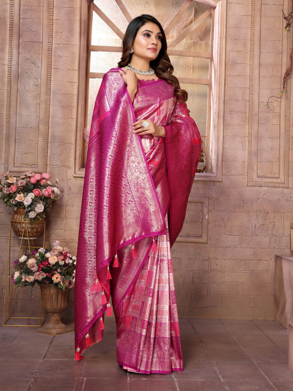 Anaita Rani Pink Banarasi Chaturi Silk With Zari Weaving Saree With Blouse