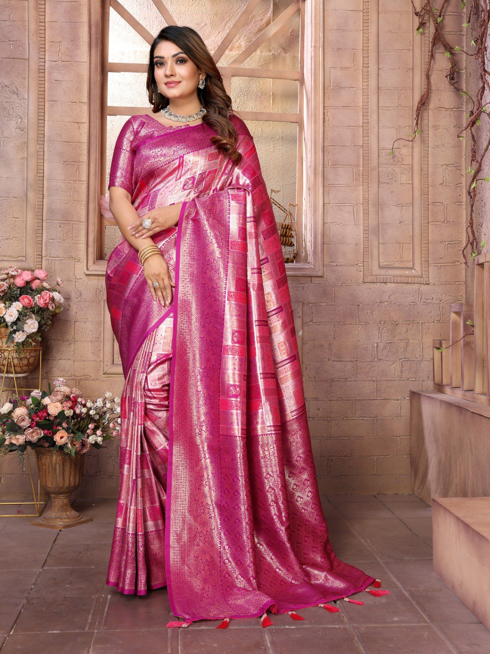 Anaita Rani Pink Banarasi Chaturi Silk With Zari Weaving Saree With Blouse