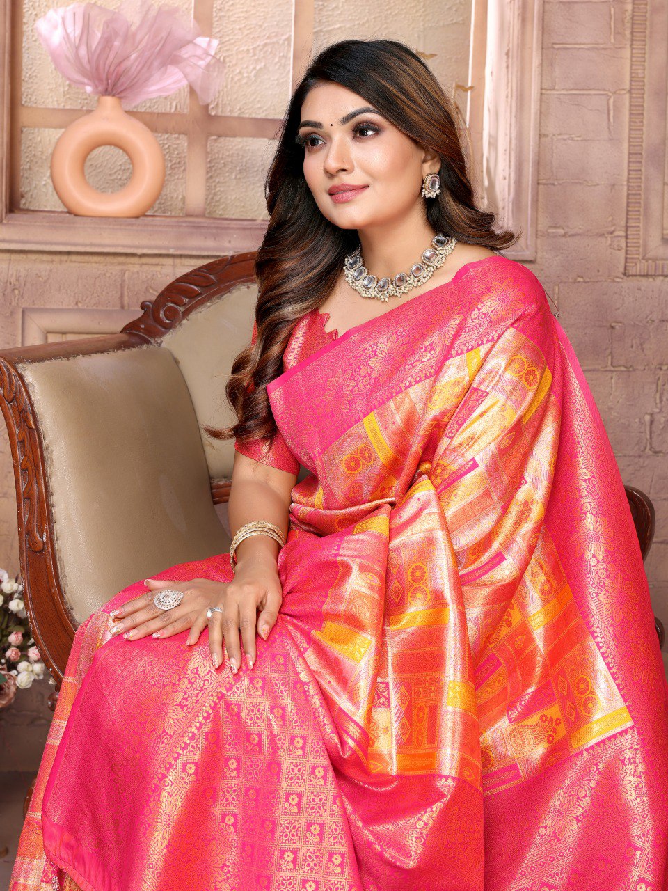 Anaita Orange Banarasi Chaturi Silk With Zari Weaving Saree With Blouse