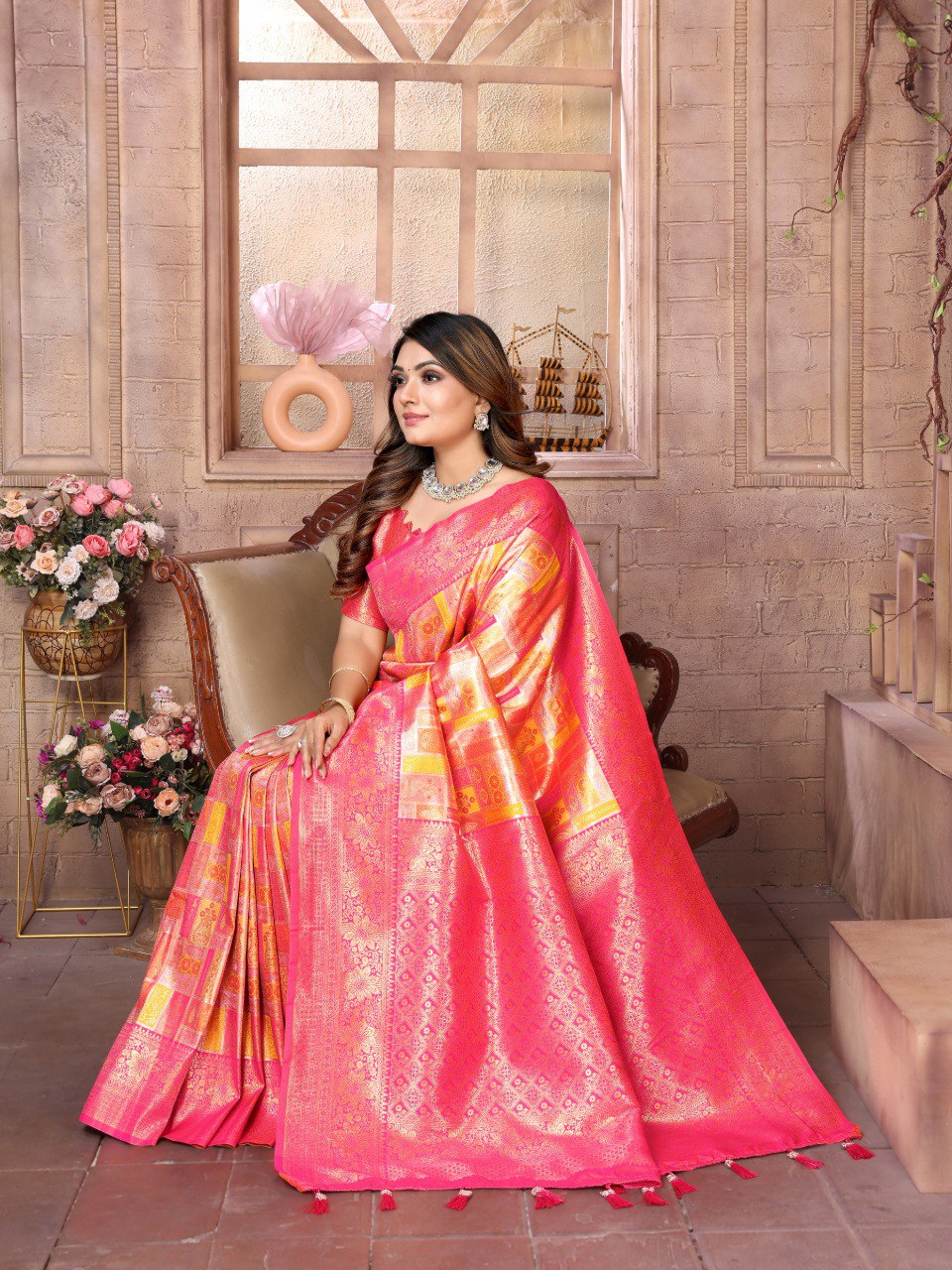 Anaita Orange Banarasi Chaturi Silk With Zari Weaving Saree With Blouse