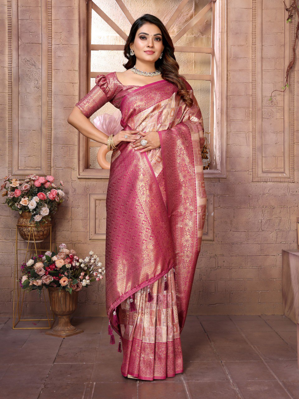Anaita Pink Banarasi Chaturi Silk With Zari Weaving Saree With Blouse