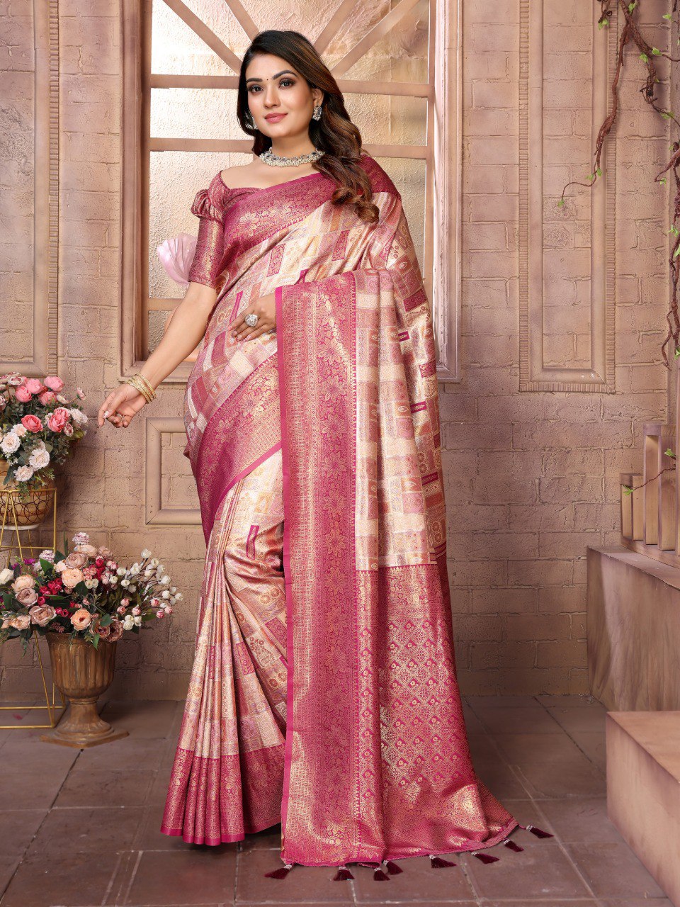Anaita Pink Banarasi Chaturi Silk With Zari Weaving Saree With Blouse