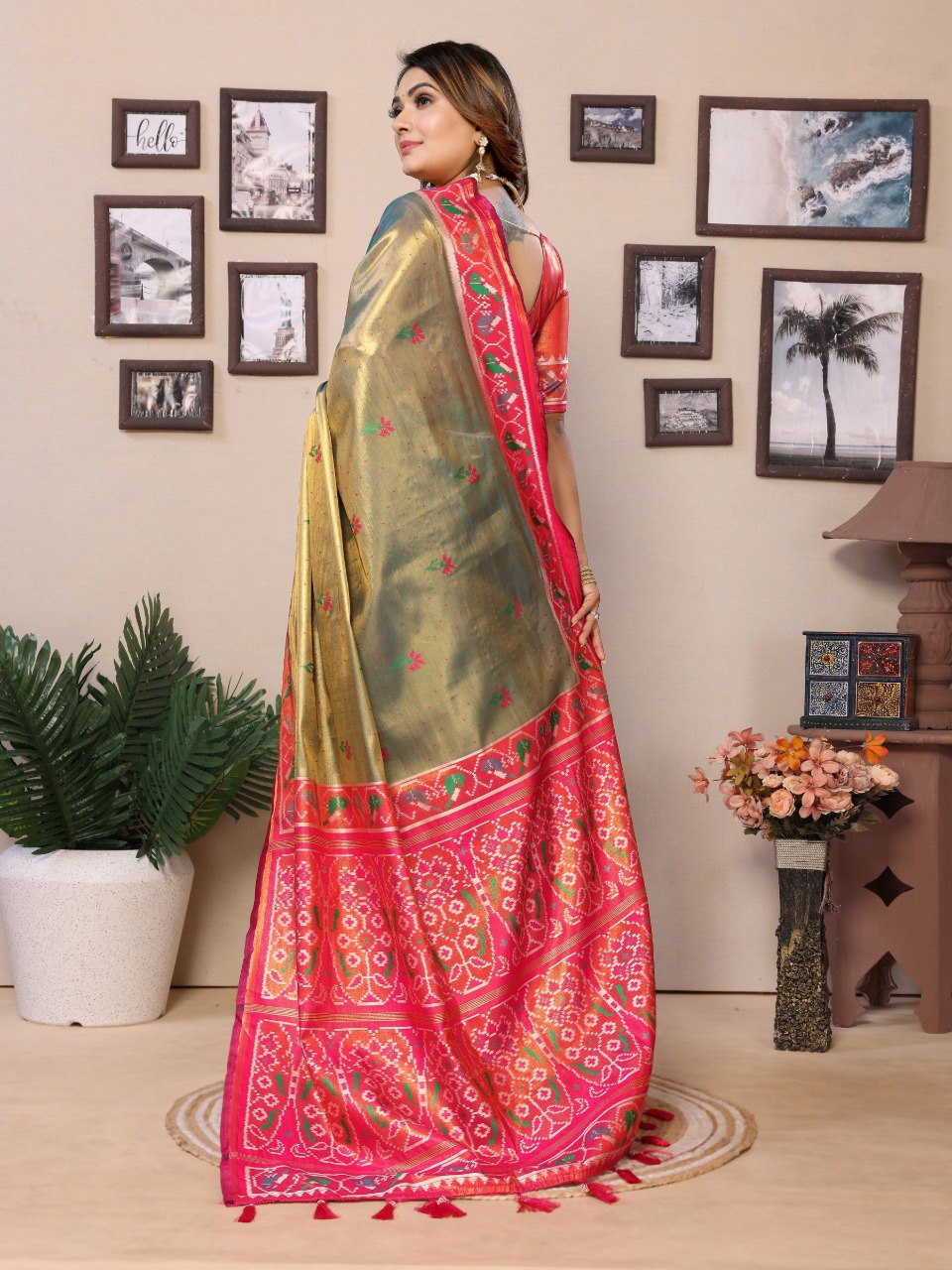 Anaita Mehendi Tissue Silk With Weaving Saree With Blouse
