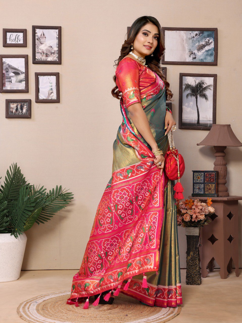 Anaita Mehendi Tissue Silk With Weaving Saree With Blouse