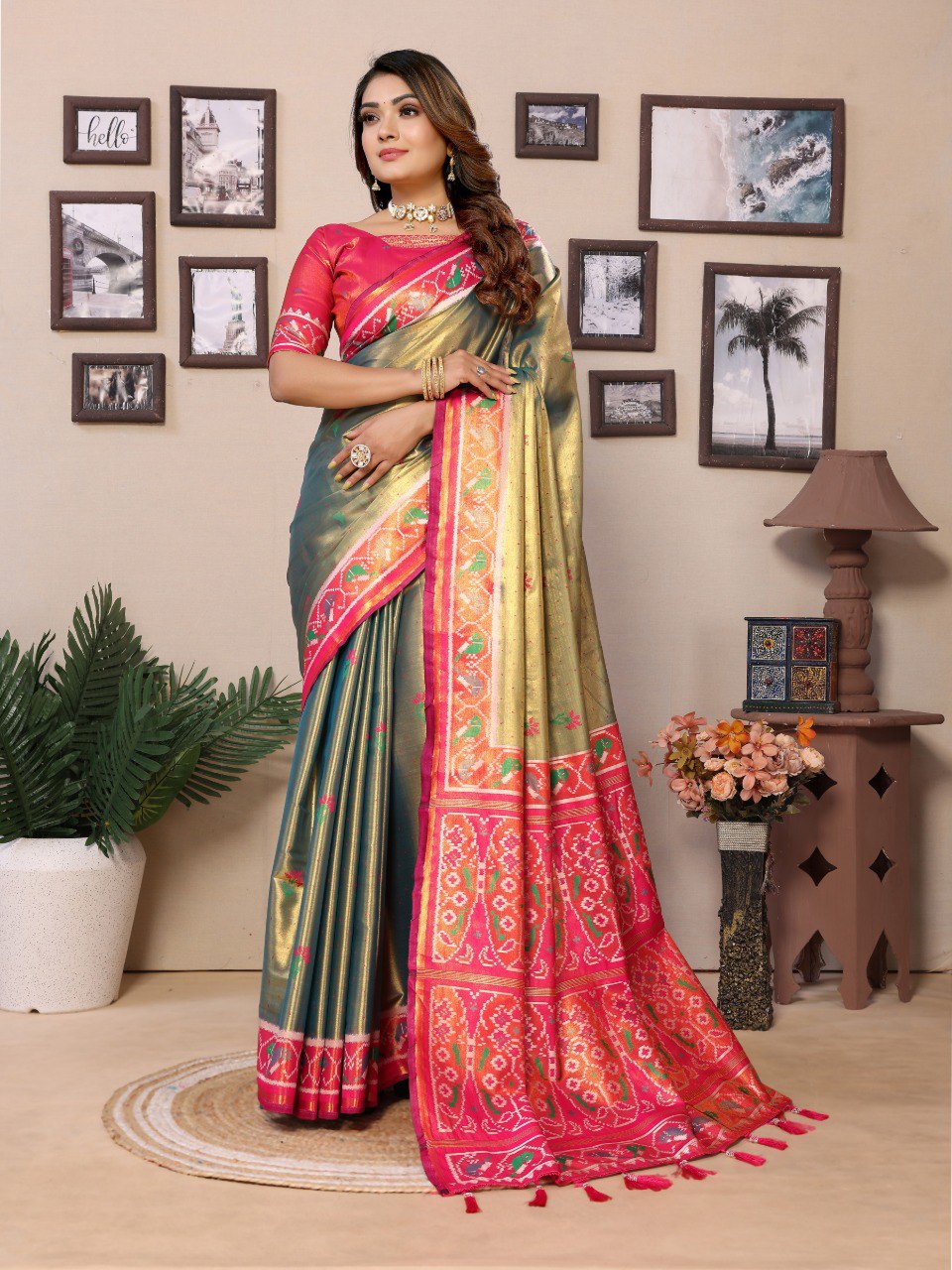 Anaita Mehendi Tissue Silk With Weaving Saree With Blouse
