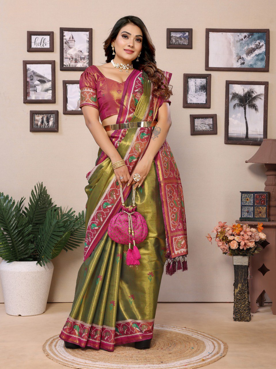 Anaita Green Tissue Silk With Weaving Saree With Blouse