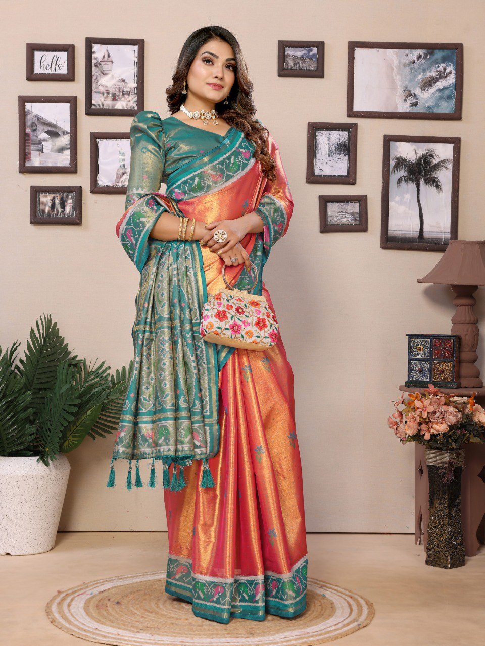 Anaita Orange Tissue Silk With Weaving Saree With Blouse