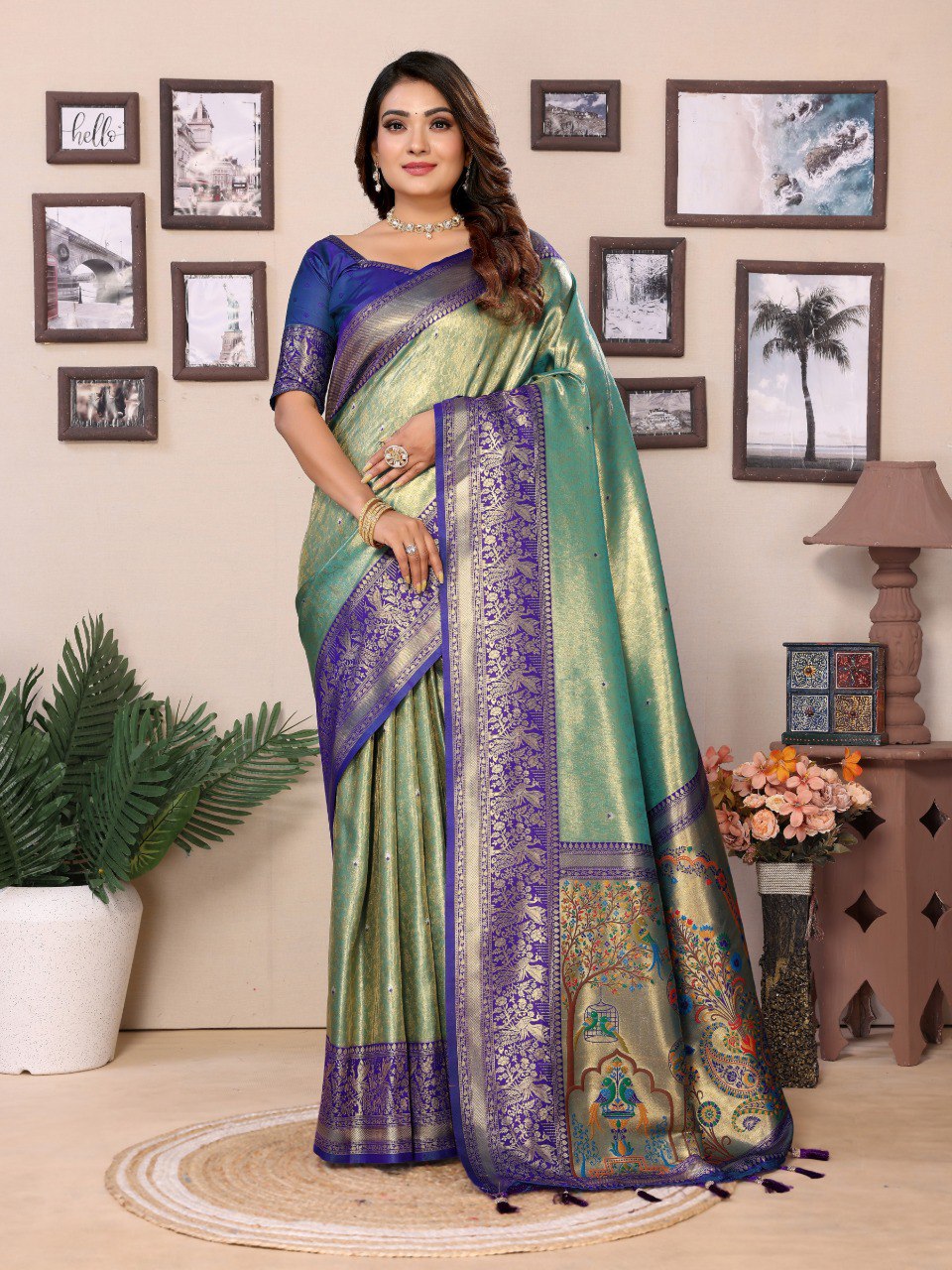 Anaita Sea Green Tissue Silk With Weaving Saree With Blouse