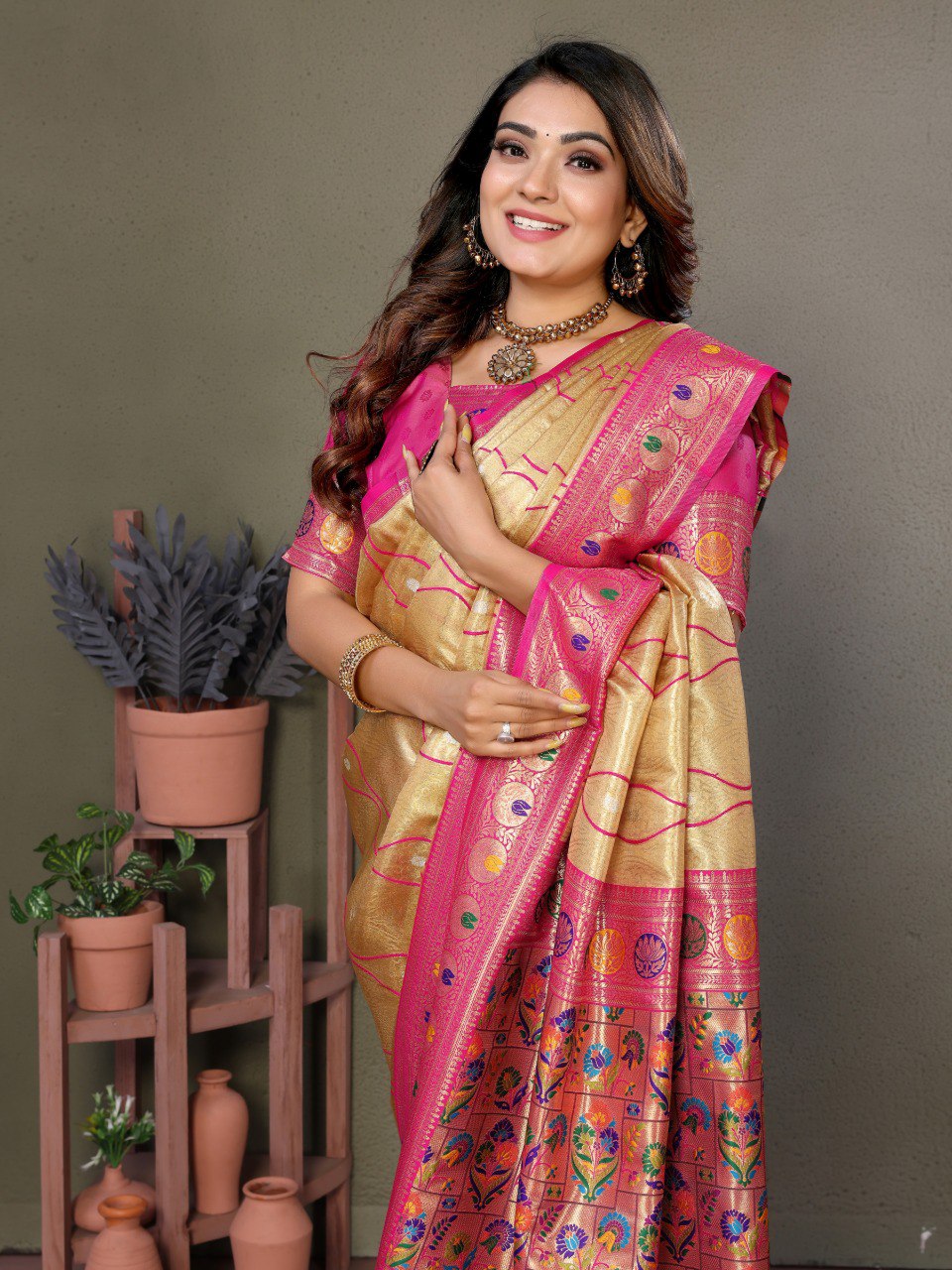 Anaita Dark Golden Tissue Silk With Weaving Saree With Blouse