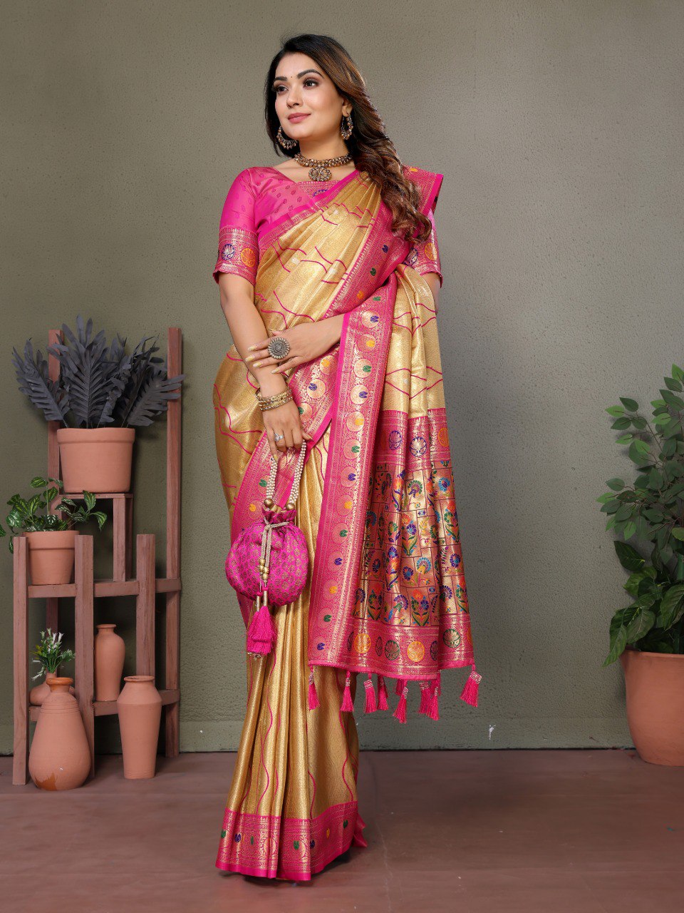 Anaita Dark Golden Tissue Silk With Weaving Saree With Blouse