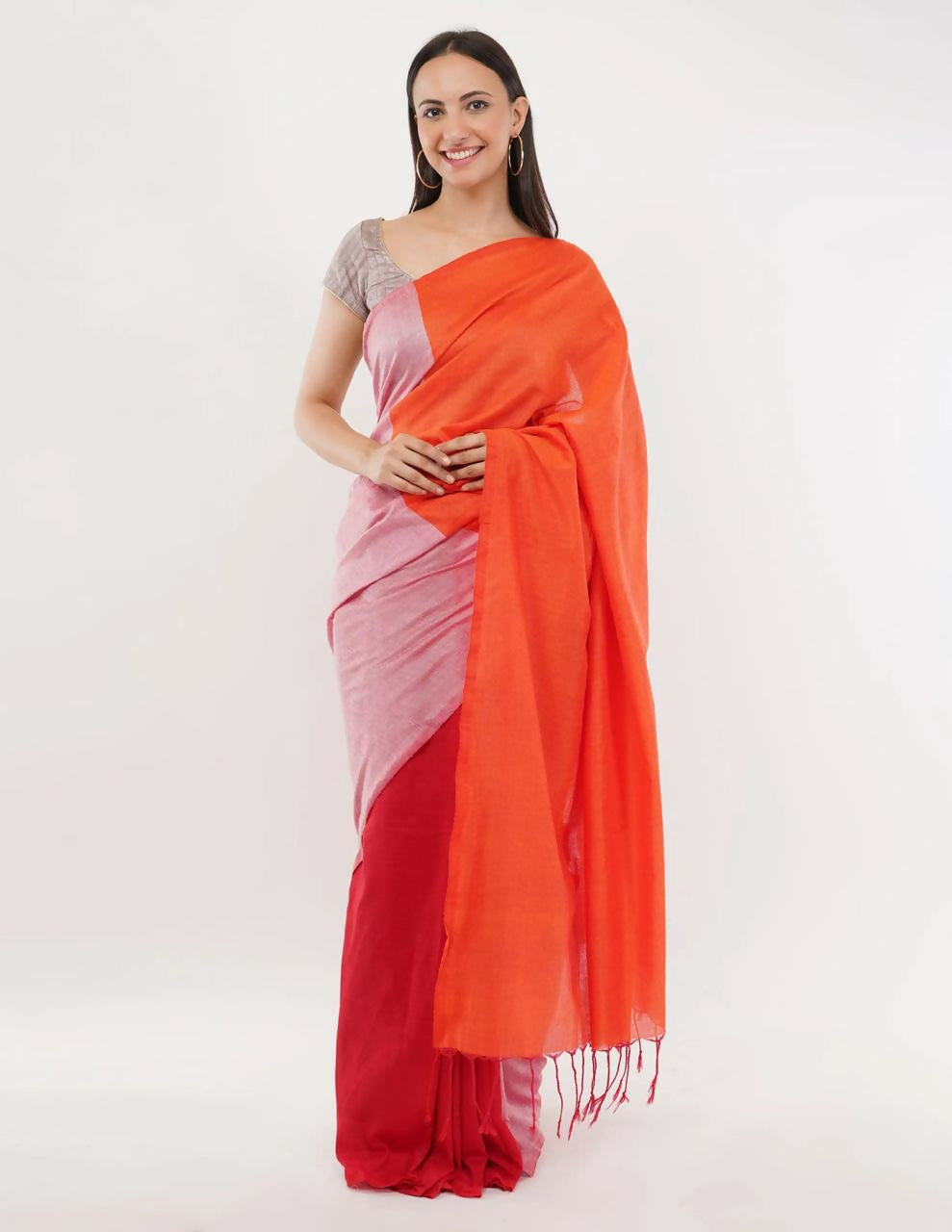 Exclusive Collection Beautiful Khadi Cotton Orange Light Pink Red Handloom Saree - Swadesiicart