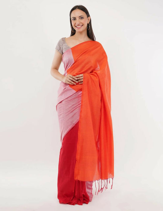 Exclusive Collection Beautiful Khadi Cotton Orange Light Pink Red Handloom Saree - Swadesiicart