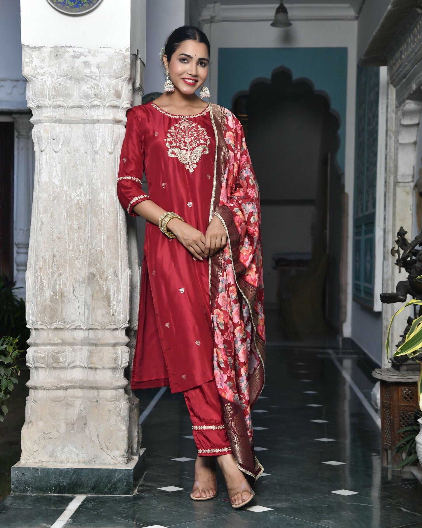 Vaasva Women's Silk Emboidered Solid Pant Set & Digital Printed Dupatta | Swadesiicart