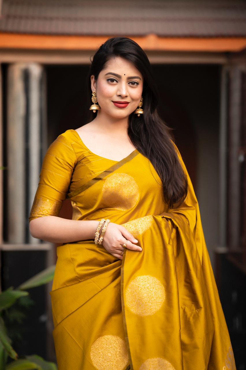 Mustard Silk Woven Saree with Unstitched Blouse - Hiral Fashion | Swadesiicart