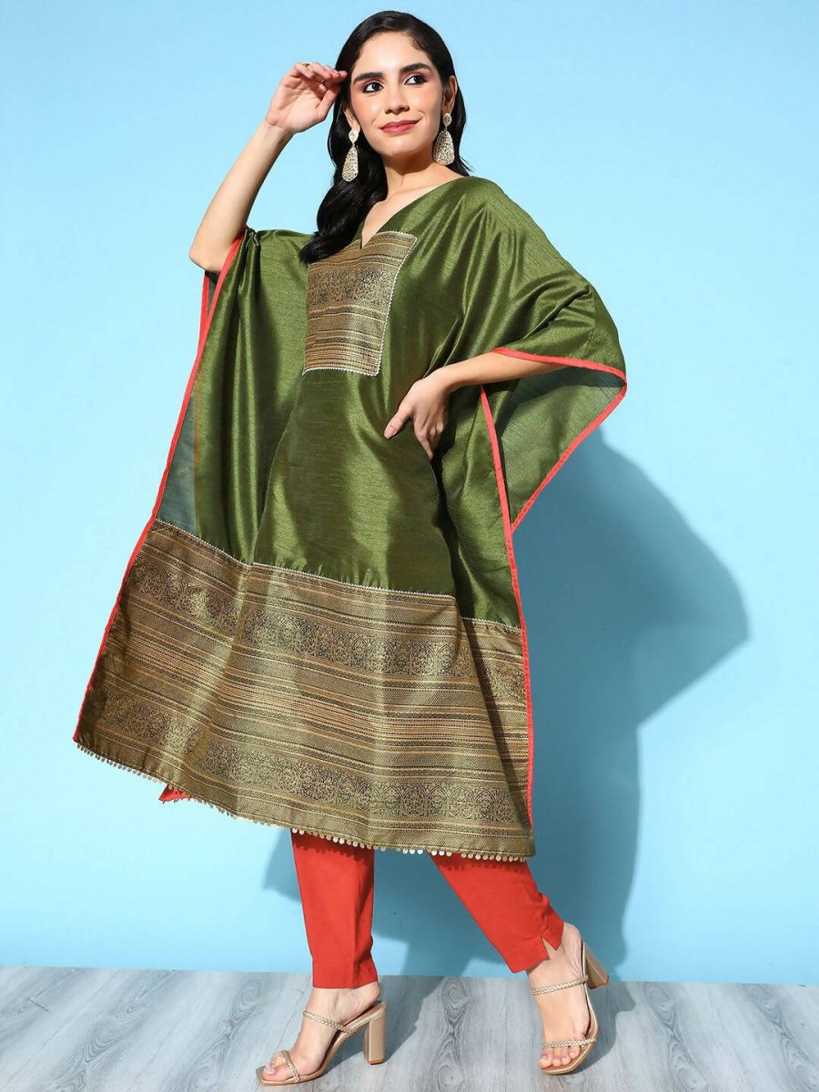 Ahalyaa Women Mehendi Poly Silk Gold Printed Kaftan Kurta | Swadesiicart
