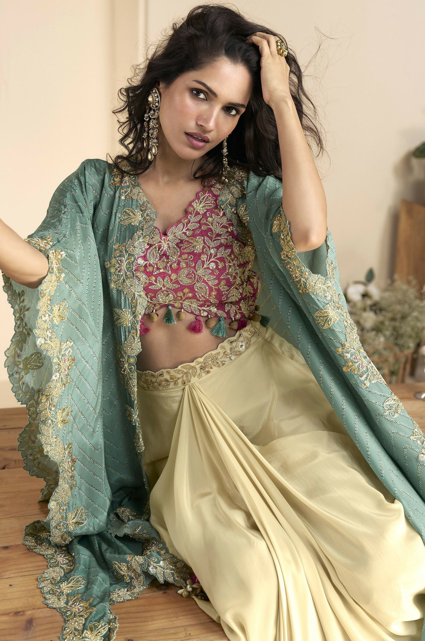 Anaita Maroon Chinon Readymade Shrug Suit with Embroidery Sequence Work