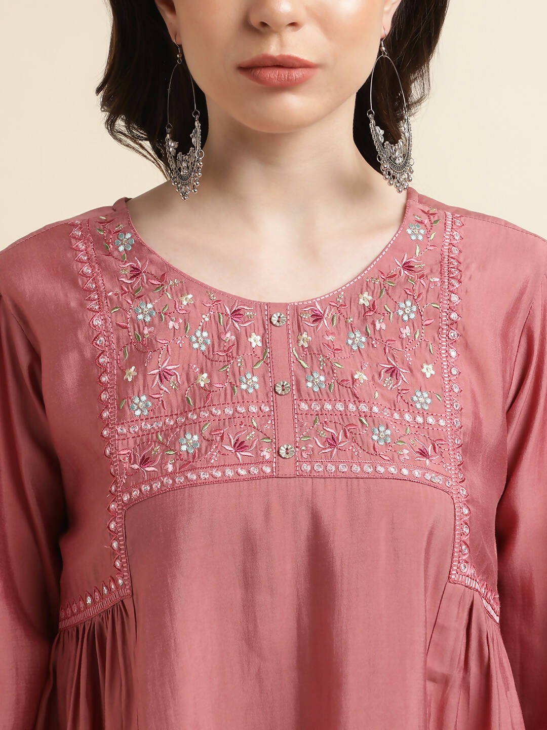 Pink Chinon Yoke Embroidered A-line Top - Tarini - Swadesiicart