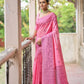 Vishnu Weaves Women's Pink Handloom Raw Silk Woven Border Saree with Blouse - Swadesiicart