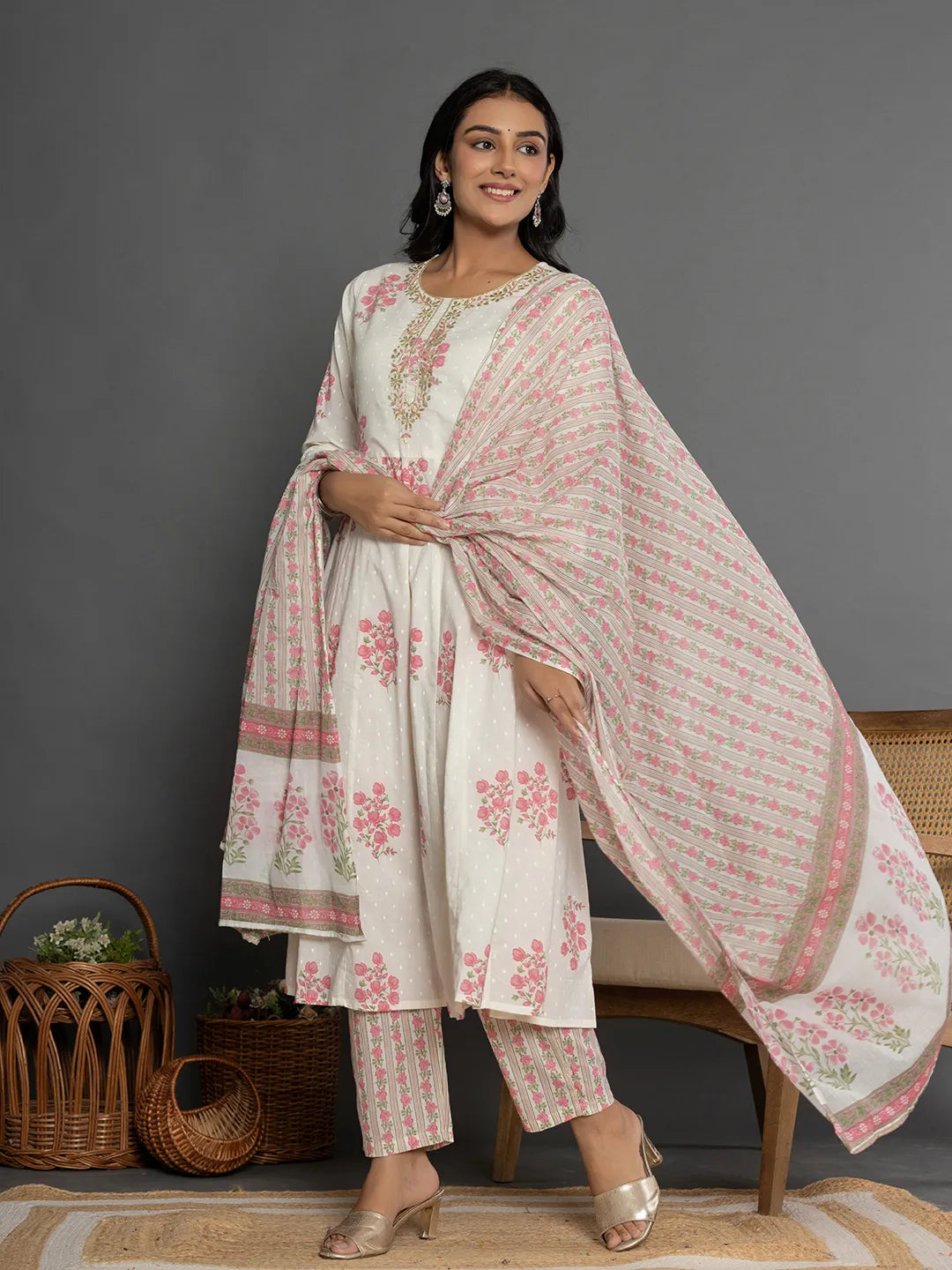 Yufta Pink & White Gota_Patti Cotton Anarkali Kurta Dupatta Pant Set - Swadesiicart