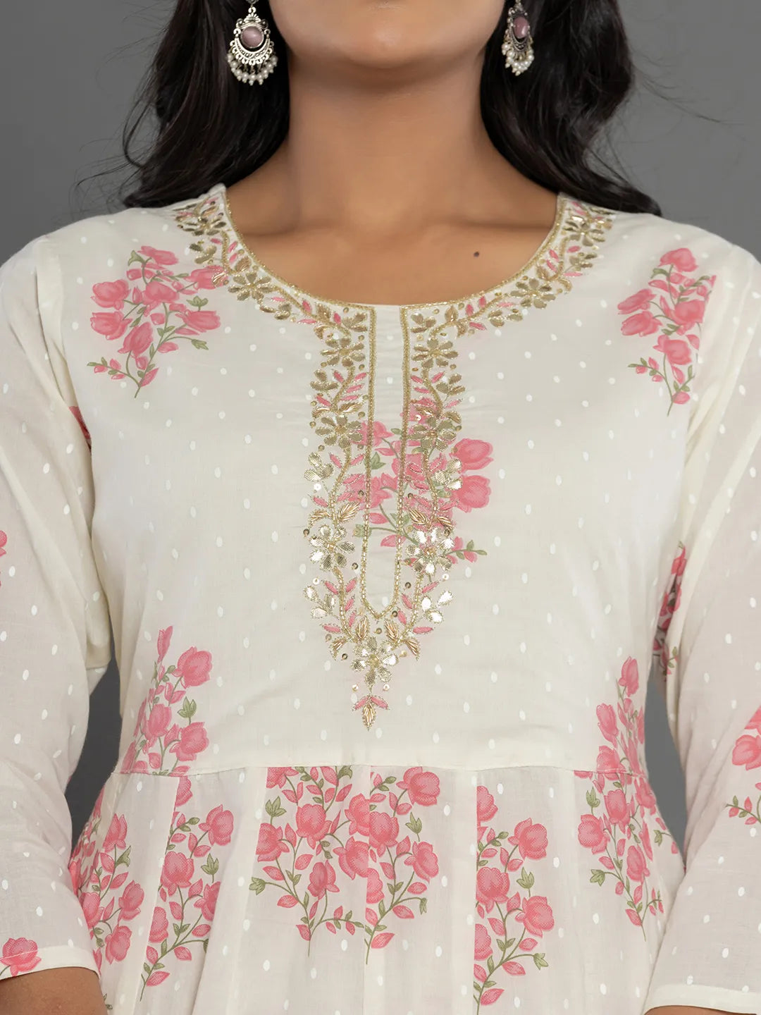 Yufta Pink & White Gota_Patti Cotton Anarkali Kurta Dupatta Pant Set - Swadesiicart