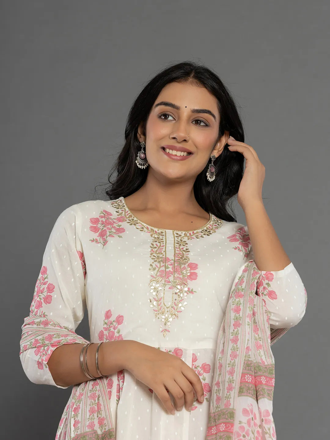 Yufta Pink & White Gota_Patti Cotton Anarkali Kurta Dupatta Pant Set - Swadesiicart