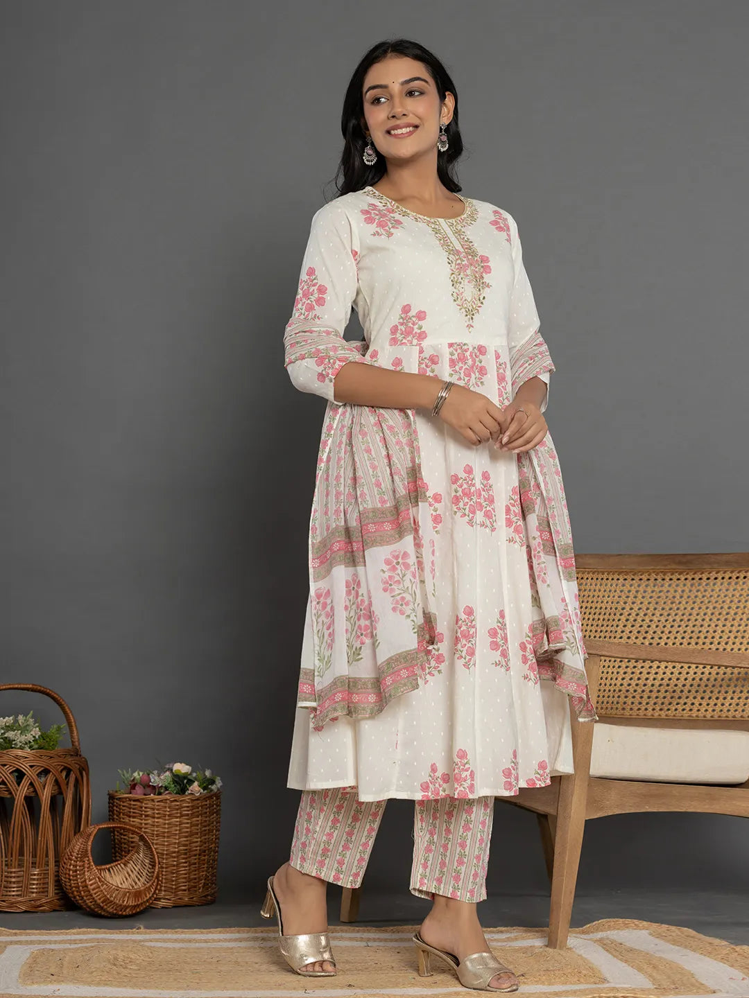 Yufta Pink & White Gota_Patti Cotton Anarkali Kurta Dupatta Pant Set - Swadesiicart