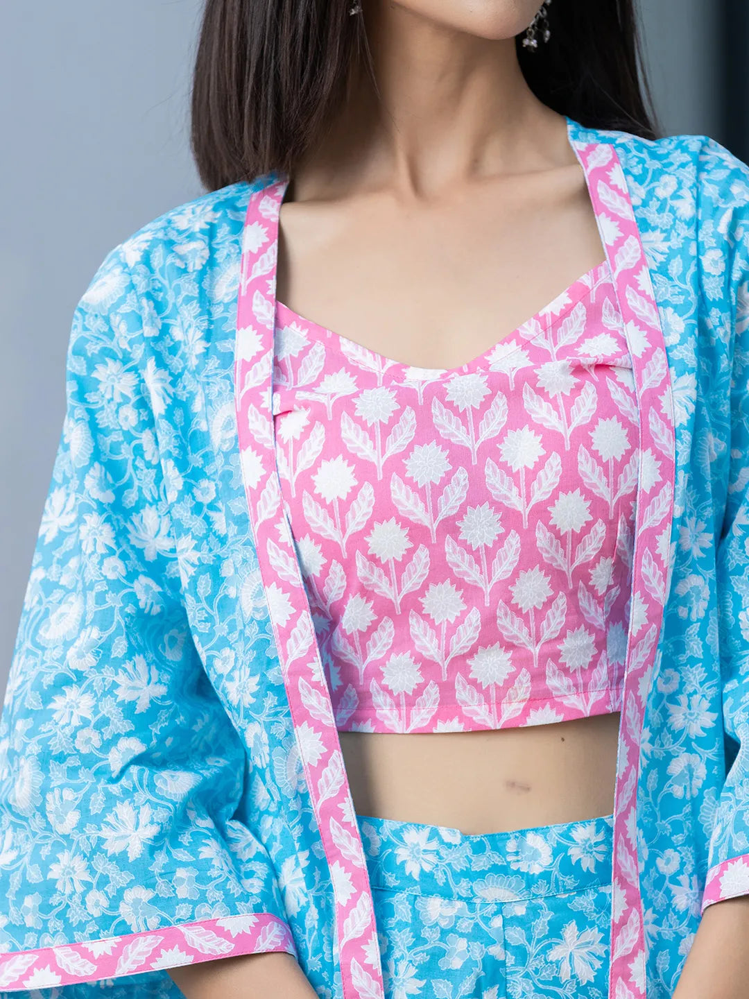 Yufta Pink & Blue Co Ord Set Add Jacket - Swadesiicart