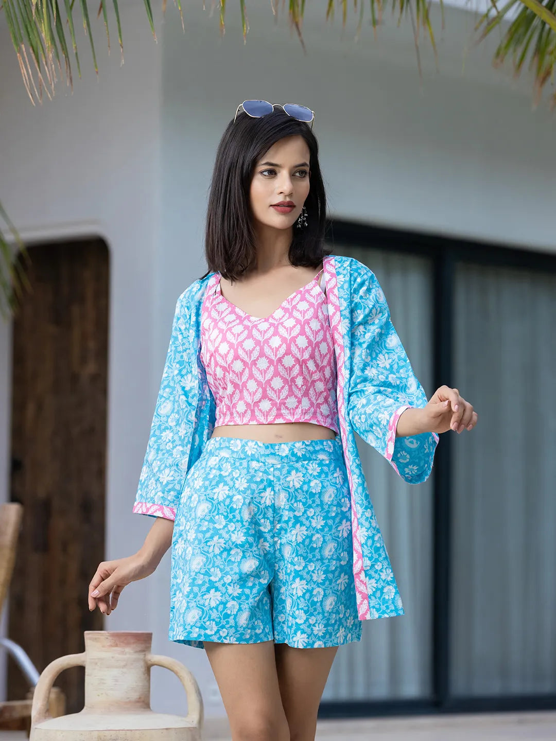 Yufta Pink & Blue Co Ord Set Add Jacket - Swadesiicart