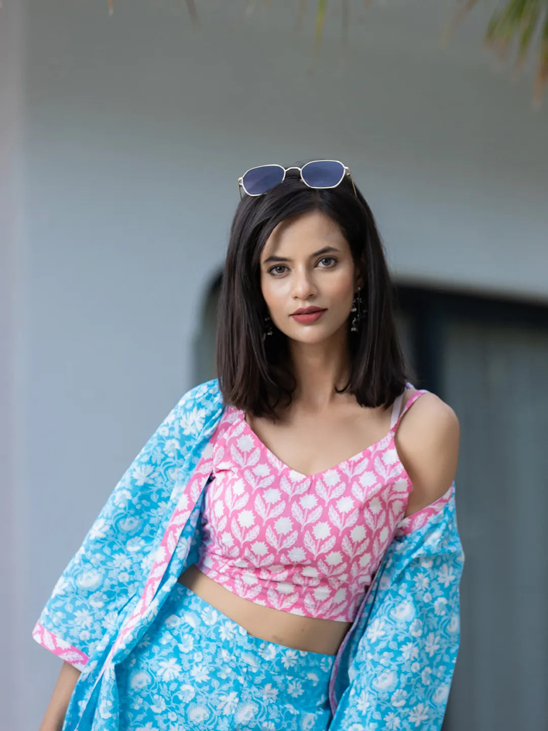 Yufta Pink & Blue Co Ord Set Add Jacket - Swadesiicart
