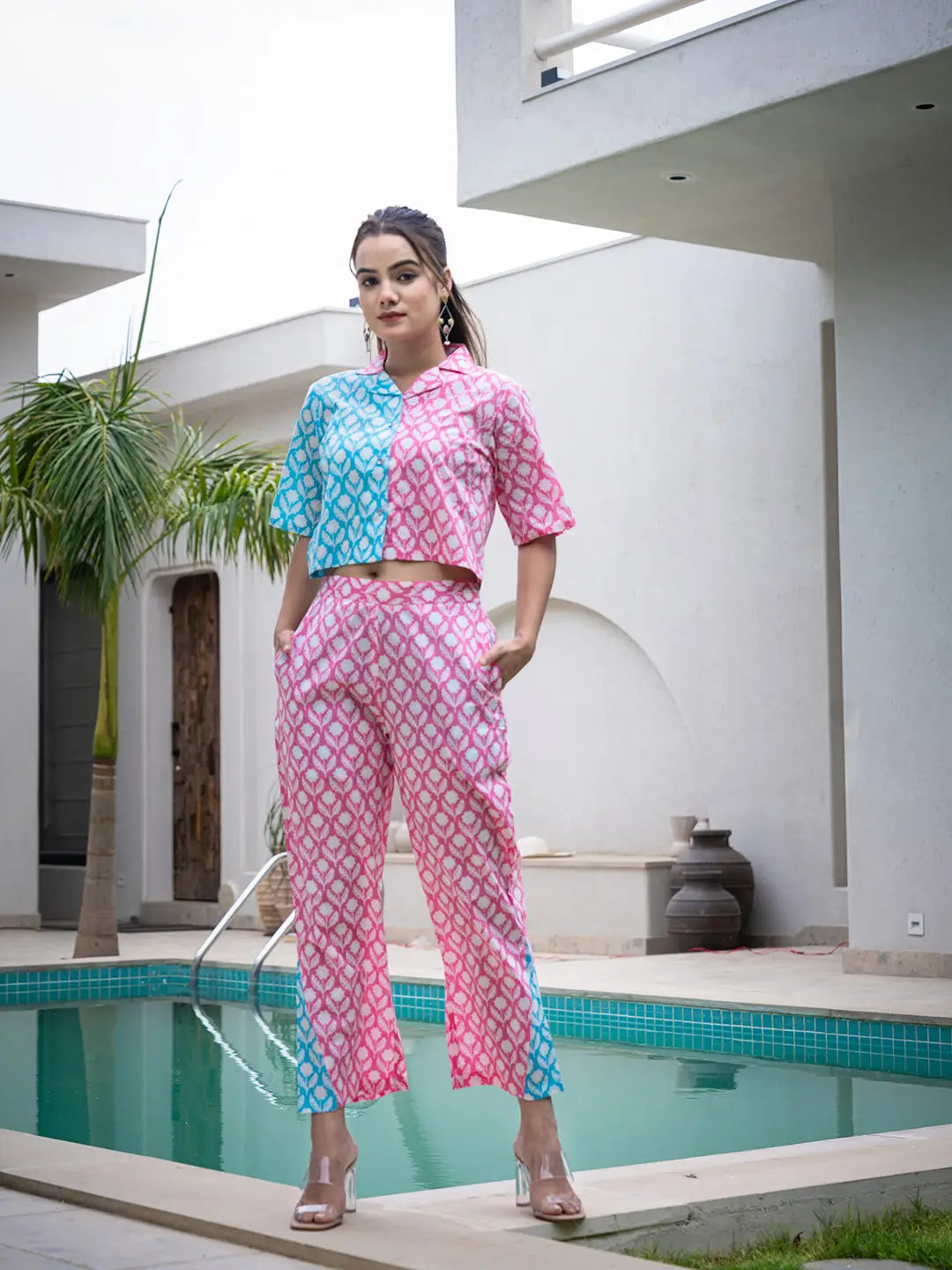 Yufta Pink And Blue Crop Top And Trouser Co Ord Set - Swadesiicart