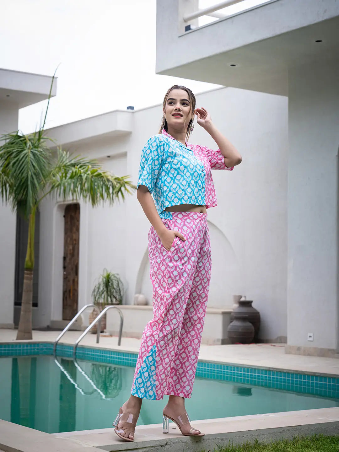 Yufta Pink And Blue Crop Top And Trouser Co Ord Set - Swadesiicart