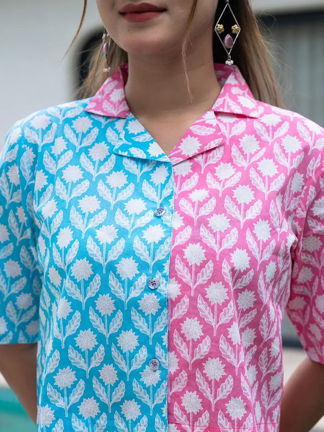 Yufta Pink And Blue Crop Top And Trouser Co Ord Set - Swadesiicart